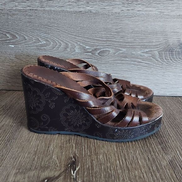 Vintage 90s Report Brown Caged Wedge Platform Sandal 7 - Picture 1 of 10